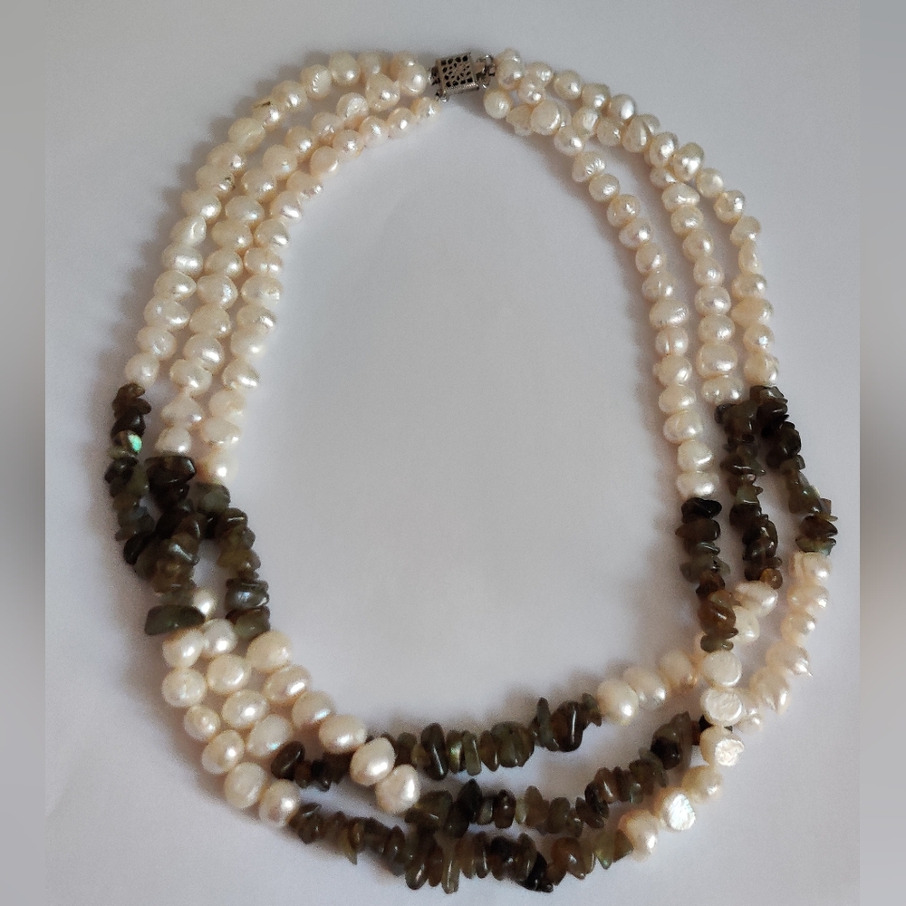 Genuine Cultured pearls triple strand necklace 14KGF clasp